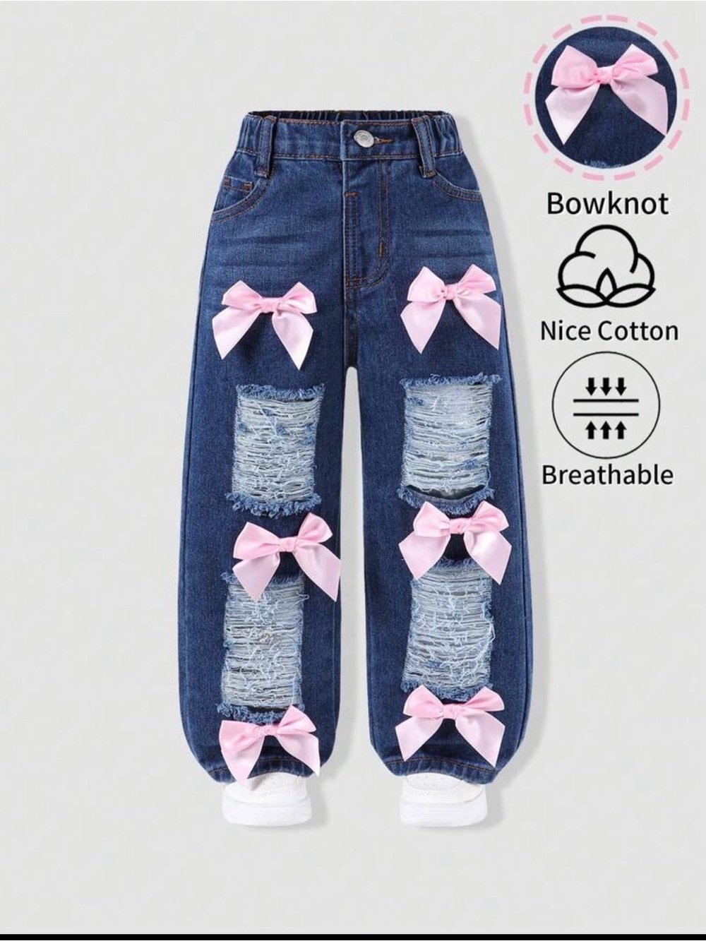 SHEIN Dark Blue Distressed Jeans with Pink Bow Accents